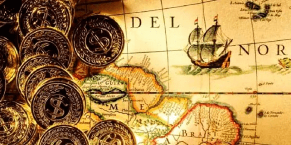 Imagen de un mapa y monedas de oro representando el mercantilismo y el absolutismo